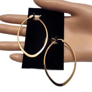 Flat Band 2 1/4 Inch Pierced Post Hoop Earrings Wide Bottom Hoop Gold Tone